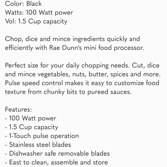 RAE DUNN Mini Electric Food Chopper 100 Watt Power - Picture 16 of 16